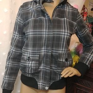 Roxy | Gray Blue Y2K Plaid Faux Fur Lined Thick Heavyweight Zip Hooded Jacket XS